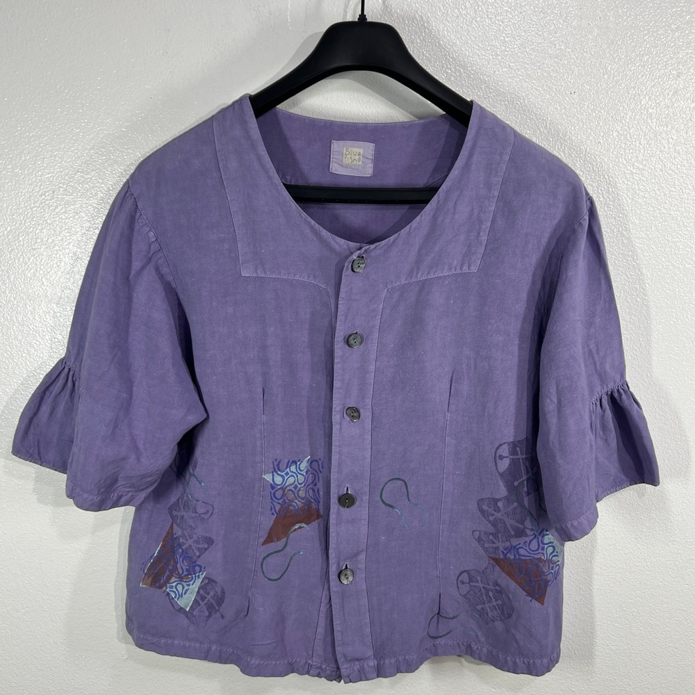 Vtg 90s BLUE FISH Art to Wear Purple Hemp Blouse‎ Size 0 Fits XL Lagenlook Boho